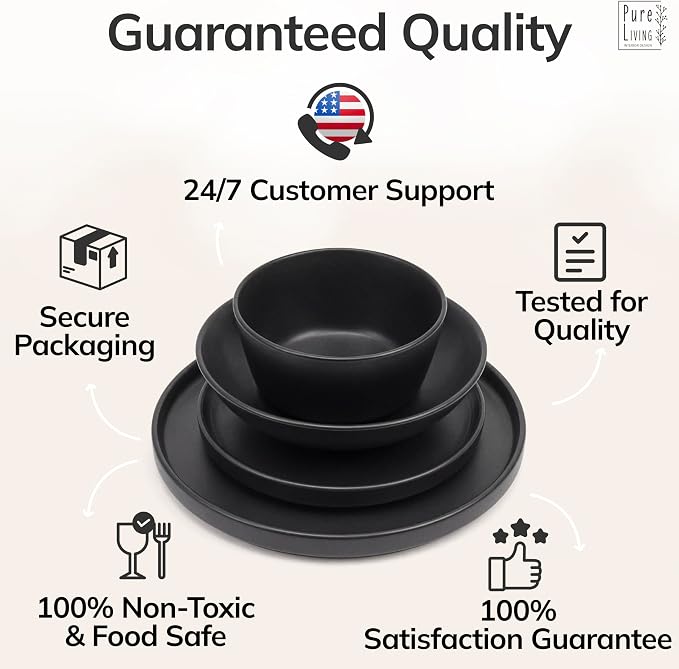 16 Piece Black Dinnerware Set for 4 | Matte Black Plates and Bowls Sets, Modern Stoneware Black Dishes Set | Scratch Resistant, Dishwasher & Microwave Safe | Matte Black Finish Ultra-Chic & Modern