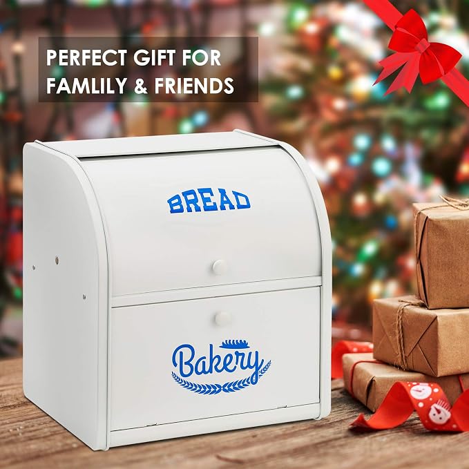 Olebes Bread Box, Metal Bread Box For Kitchen Countertop, Bread Storage Container Holds 2 Loaves Of Bread, High Capacity Breadbox, Bread Holder Suit Farmhouse Kitchen Decor For Counter (White)