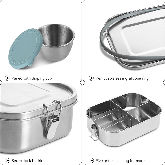 GOLDEN KEY 47oz Stainless Steel Bento Box for Adults,1400ml Large & Thickened Metal Lunch Box with 5 Compartments,Eco-friendly Leak-Proof Container with Lockable Clips