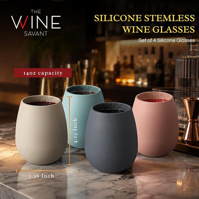 Unbreakable Silicone Stemless Wine Glassware Shatterproof Tumblers Set of 4 | Reusable Silicone Drinkware, Shatterproof & BPA-Free, Perfect for Wine, Cocktails, Champagne, Pool, Beach & Camping