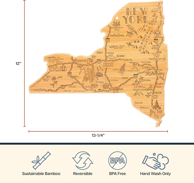 Totally Bamboo Destination New York State Shaped Cutting Board | State charcuterie serving board with engraved map artwork. Smooth reverse side for food prep. Hang tie for wall display.