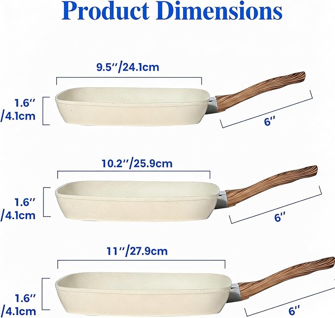 Simple Deluxe 3 Pieces Nonstick Grill Pan Set, Square Versatile Griddle Pans with Wooden Handle, Durable Skillet Indoor & Outdoor Use, All Stovetops Compatible(9.5", 10.2", 11"), PFOA Free, Beige