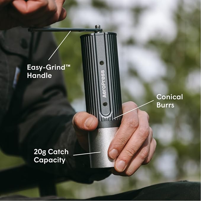 AeroPress Manual Coffee Grinder, Portable Hand Burr Grinder | Titanium-Coated Conical Burrs, 60 Grind Settings, Compact Travel