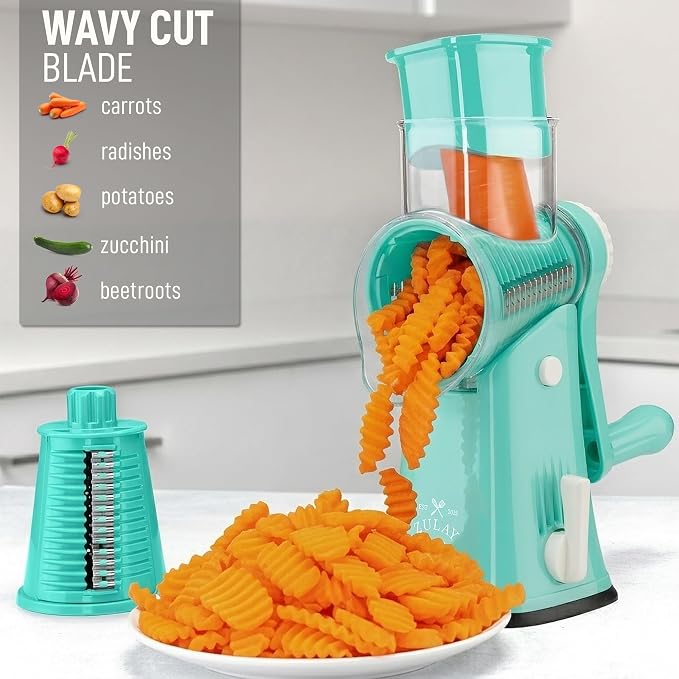 Zulay Kitchen Rotary Cheese Grater 5 Blade Cheese Shredder - Manual Hand Crank Cheese Grater With Reinforced Suction & 5 Interchangeable Drums - Easy to Use, Vegetable Chopper Round Mandoline Slicer