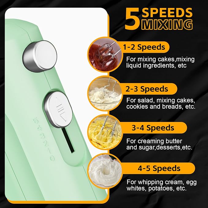 Lord Eagle 5-Speed Small Hand Mixer Electric, 300W Compact Portable, Green | Handheld Kitchen Mixer Egg Beater with 5 Attachments & Storage Bag, Cake Supplies for Bread Dough Baking, Lightweight