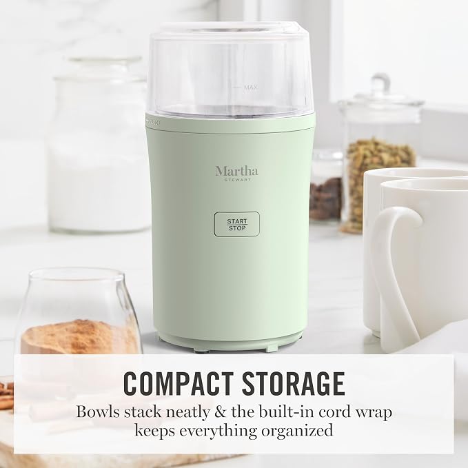 Martha Stewart Electric Coffee & Spice Grinder with Dual Bowls, Honeydew | Dual 2.5oz Removable Bowls for Coffee Beans, Nuts, Herbs & Spices, Stainless Steel Blade, One-Touch Pulse Control, Easy Clean