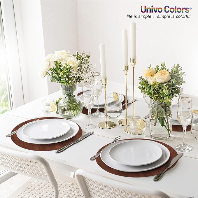 UnivoColors Placemats Round Faux Leather Placemats Set of 6-Waterproof-Wipe Clean-Heat Resistant-Anti Slip Dining Table Place Mats,Suitable for Indoor & Outdoor Use,15".Retro Coffee Brown