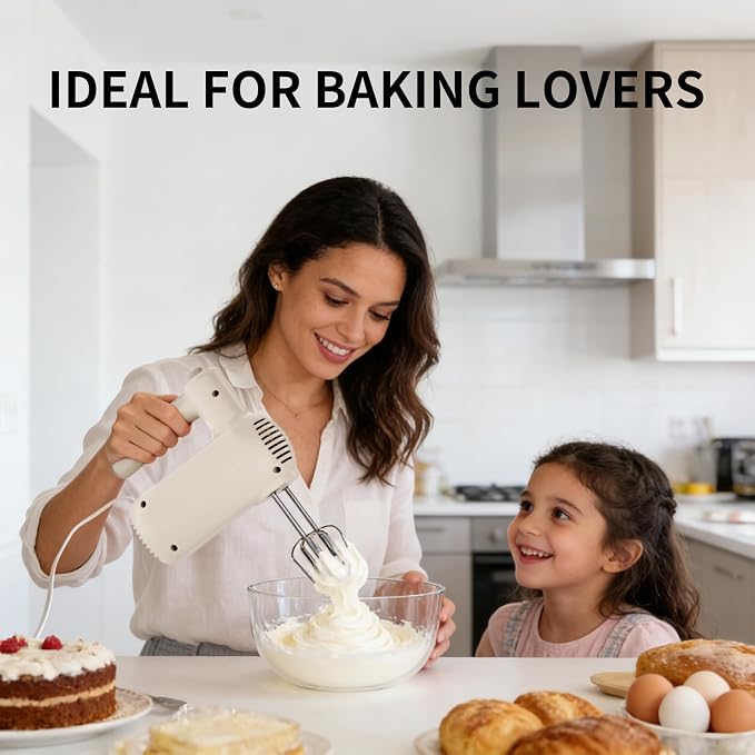 Hand Mixer Electric 5-Speed Upgraded Motor Turbo White | Electric Handheld Hand Mixer with Stainless Steel Beaters&Dough Hooks,Turbo Ultra Power Plus Eject Button for Cakes and Eggs