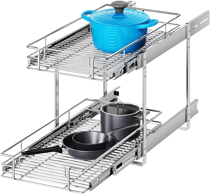 2 Tier Individual Pull Out Cabinet Organizer 15½" W x 21½" D, Heavy Duty Cabinet Pull Out Shelves, Slide Out Drawers Organization for Kitchen Cabinets Bathroom
