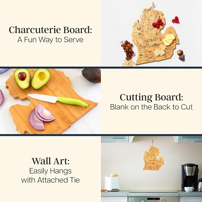 Totally Bamboo Destination Michigan Mitten Shaped Cutting Board | Michigan mitten charcuterie serving board. Engraved map art. Smooth reverse side for food prep. Hang tie for wall display.