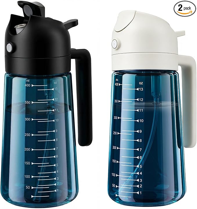 Glass Olive Oil Sprayer for Cooking (16oz/470ml), 2 in 1 Olive Oil Dispenser Bottle for Kitchen Gadgets and Air Fryer Accessories, Salad, BBQ (2-Pack, Blue White)