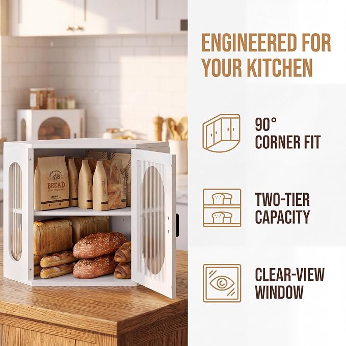 Alpeir Corner Bread Box for Kitchen Countertop, 3 Adjustable Height, White | Solid Pine Wood, Hold 2 Loaves, Strong Acrylic Window, Easily Care, Farmhouse Pantry Container for Home Baker, Family of 4