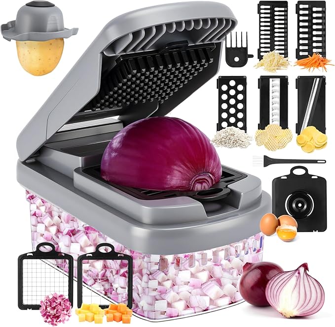Yusshn Vegetable Chopper, 12-in-1 Food Veggie Chopper Cutter with Container | 7 Sharp Blades Dice, Slice, Shred and Grate for Salads, Onions and Meal Prep, with a Non-Slip Base and Drain Basket