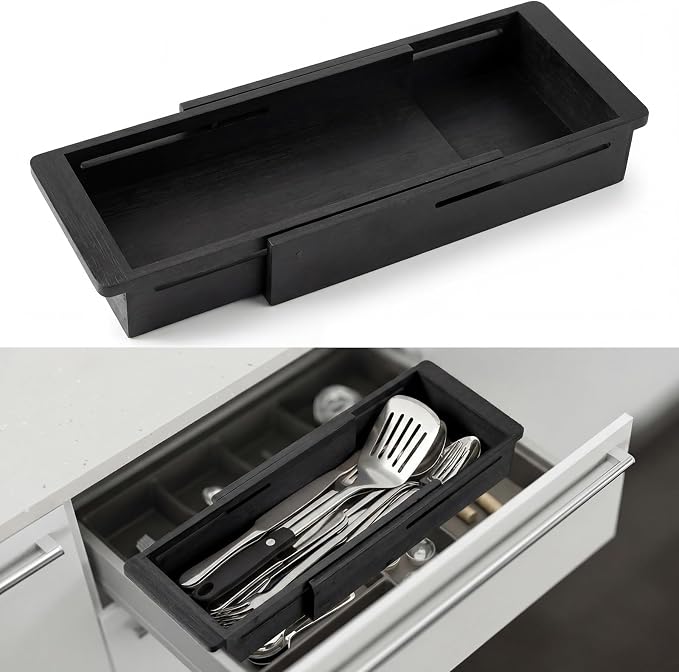 LemonRoad 1 Pcs Sliding Drawer Organizer 12.4-17.7 Inch Bin Bamboo Drawer Expandable Bins Utensil Organizer for Kitchen Spoons Forks Knives (Black)