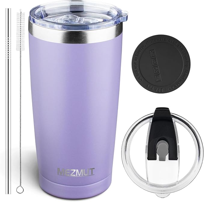 MEZMUT 20oz Insulated Tumbler Travel Coffee Mug with Lid Straw(Purple,1) | 18/8 Stainless Steel Double Wall Vacuum Spill Proof Metal Insulated Tumbler with Daul Lid and Straw, Hot or Iced Coffee Cup