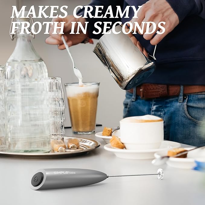 SIMPLETASTE Milk Frother Handheld Electric Foam Maker Battery Operated | Drink Mixer with Stainless Steel Whisk for Cappuccino, Bulletproof Coffee, Latte, Silver, without Stand