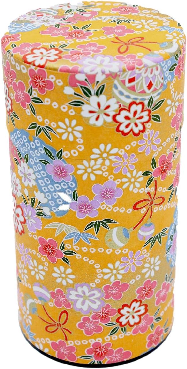 Japanese Pokkan Matcha Coffee Spice Tea Tin Canister Washi Paper Storage with Lid 7.05 oz Capacity (Orange Flowers and Bells, L)