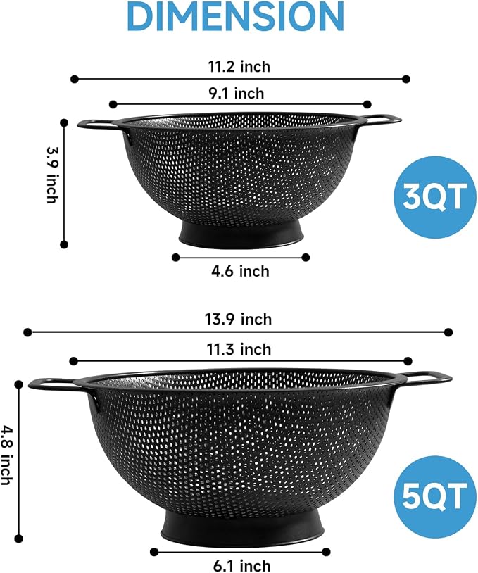 Black Colander for Kitchen, 5QT, Stainless Steel Pasta Strainer with Handle, Pasta Strainer for Fruits Vegetables Cooking Food, Dishwasher Safe