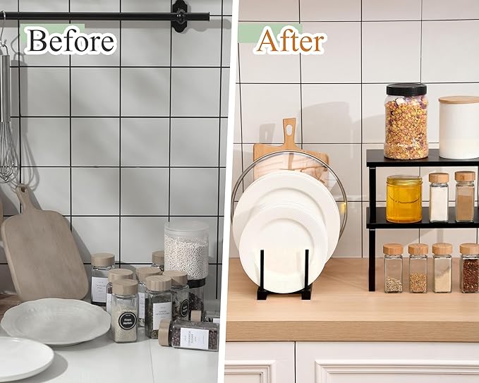 Marsui 4 Pcs Kitchen Organizer Accessories Set for Cabinet,Black | Cabinet Organizer Shelves, Bamboo Dish Drying Plate Rack, Wooden Counter Storage Holder, for Spice Dish Pot Lid Bowl Cup