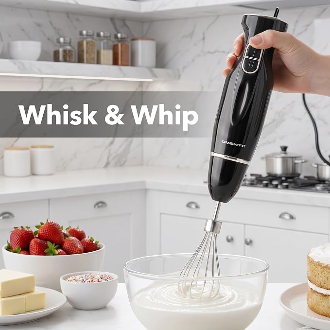 OVENTE Electric Hand Blender Set with 2 Mixing Speeds, 300W Black HS565B | Corded Immersion Handheld Stick Mixer with Stainless Steel Blades, Egg Whisk, Beaker & BPA-Free Food Chopper