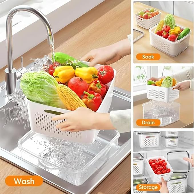 4 in 1 Food Storage Container with Lid, 2026 New Fruit Storage Containers for Fridge, Transparent Produce Storage Box with Drain Basket & Removable Colander for Salad Berry Vegetables (Blue, M)