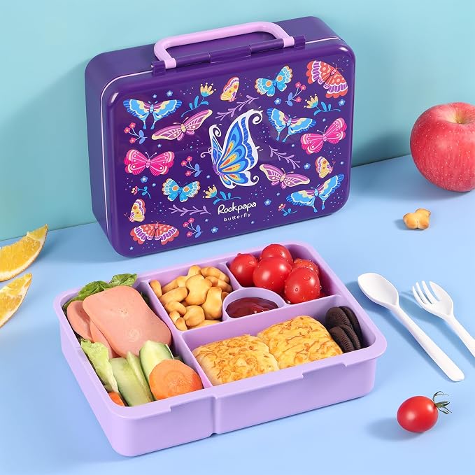 rockpapa Bento Box for Kids - Large 5.5 Cups Lunch Box with Utensils - 5 Compartments, BPA-Free, Leak Proof, Portable Handle for Boys Girls, Microwave/Dishwasher Safe (Purple Butterfly)
