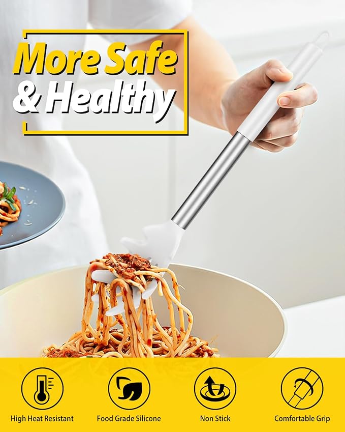 BUNDLEPRO Silicone Pasta Fork and Ladle Spoon Set, 2 Pack, White | Large Non Stick, High Heat Resistant Kitchen Utensils for Cooking,Stirring,Serving Spaghetti, Soup, Sauce