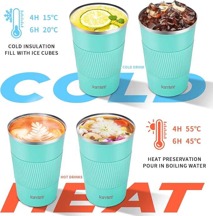 KETIEE Travel Mug 12oz: Vacuum Insulated Coffee Mug with Leakproof Lid, Travel Coffee Mug, Stainless Steel Double Walled Reusable Coffee Cup for Hot and Iced Coffee Tea Water (Blue) | Travel Coffee Mug, Stainless Steel Double Walled Reusable Coffee Cup...
