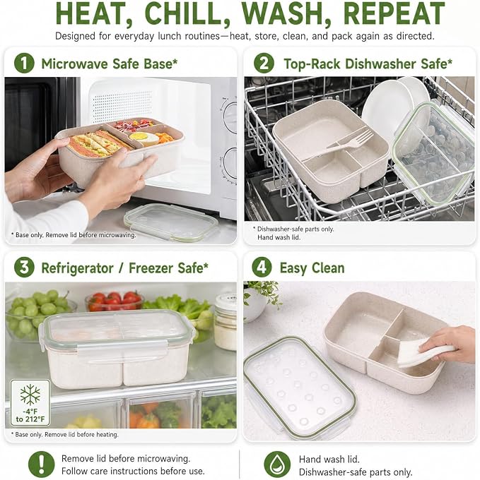 MISS BIG® Bento Lunch Box for Adults & Kids, 1900ml, 3 Compartments, White | 1900ml BPA-free 3-compartment lunch box for adults, kids and dry foods