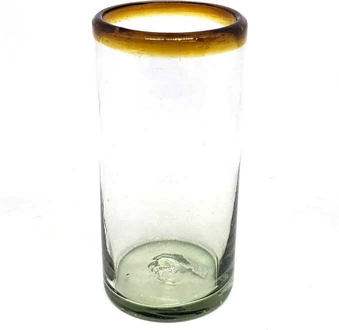 Amber Rim 20 oz Tall Iced Tea Glasses (set of 6) Mexican Handmade Glassware, Recycled Glass, Lead-free, Toxin-Free (Tall Iced Tea)