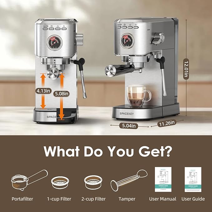 Spacekey Espresso Machine with Milk Frother, 20 Bar Compact Expresso Coffee Machines for Home, Stainless Steel Espresso Maker with 39oz Removable Water Tank for Cappuccino Latte, Fast Heating, Silver