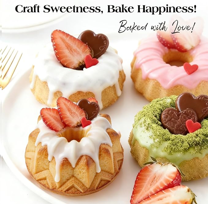 Vinino 3 Inch Mini Fluted Cake Pan, 2 Pack with Metal Frame | 4 Shapes 12 Cavity Mini Cake Mold Set for Batch Baking, Flan, Jello, Pudding, Brownies & Desserts