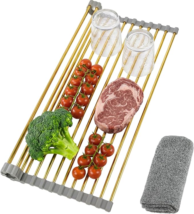 Golden Roll Up Dish Drying Rack, Stainless Steel Dish Drainer Over The Sink for Kitchen Sink Counter Storage, Applicable for Sink Width Less Than 17in (18.5'' x 11.5'')