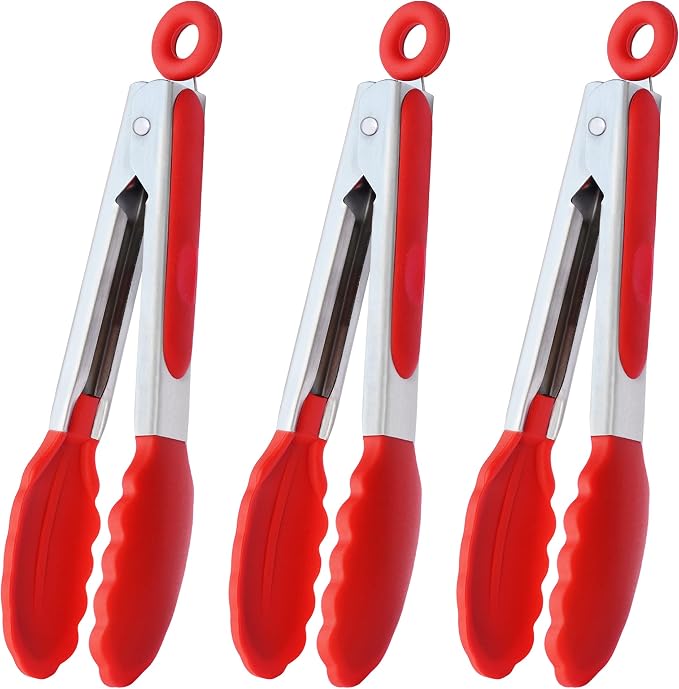 HINMAY 7" Mini Silicone Tongs Small Serving Tongs, Set of 3 (Red)