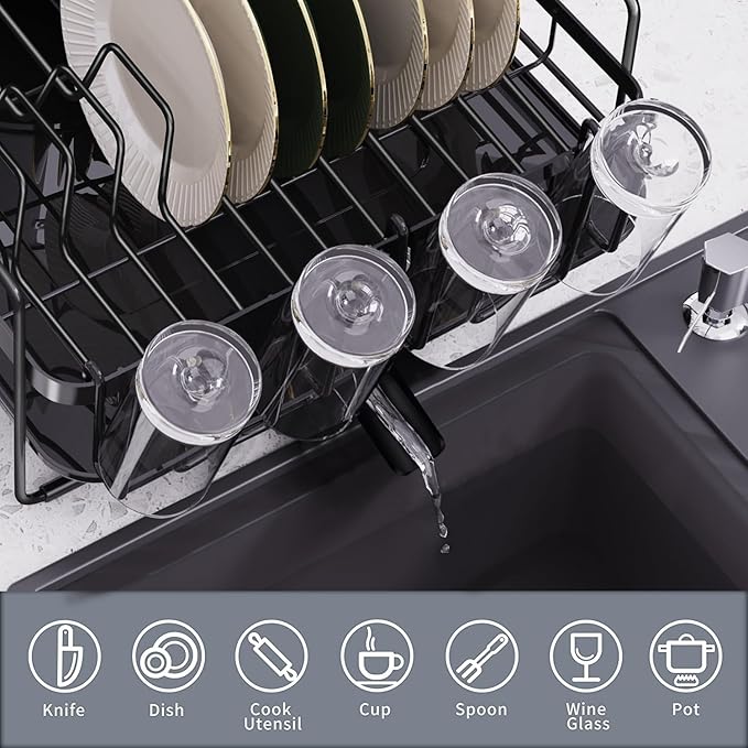 Runnatal Large Dish Drying Rack Stainless Steel Sink for Kitchen | Extendable Dish Rack Used in Sink & Kitchen Counter, with Drainboard Set & Utensil Holder & Cup Holder 20.5"-27.6"L x 12.6"W