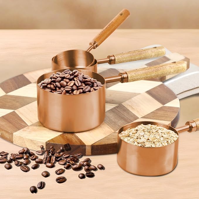Copper Stainless Steel Measuring Cups and Spoons Set,8 Piece Measuring Cup Set with Wooden Handle and Metric and US Measurements，Copper Polished Finish，for Cooking and Baking in The Kitchen