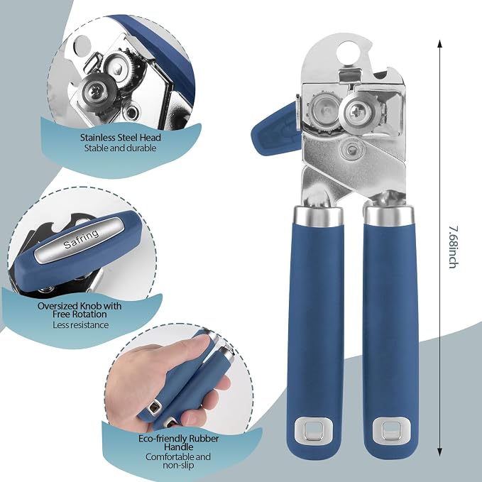 Safring Can Opener Manual, Heavy Duty Handheld Strong Can Opener with Soft Touch Handle, Sharp Blade Smooth Edge, Can Openers with Multifunctional Bottle Opener, Blue
