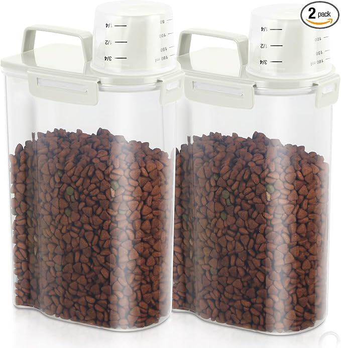 2 Pack 3 Lbs Pet Dog Cat Bird Seed Food Storage Containers for Travel Beige | Airtight Flour Container 5 Lbs with Large Pour Spout Measuring Cup Portable Rice Dispenser Cereal Oatmeal Holder