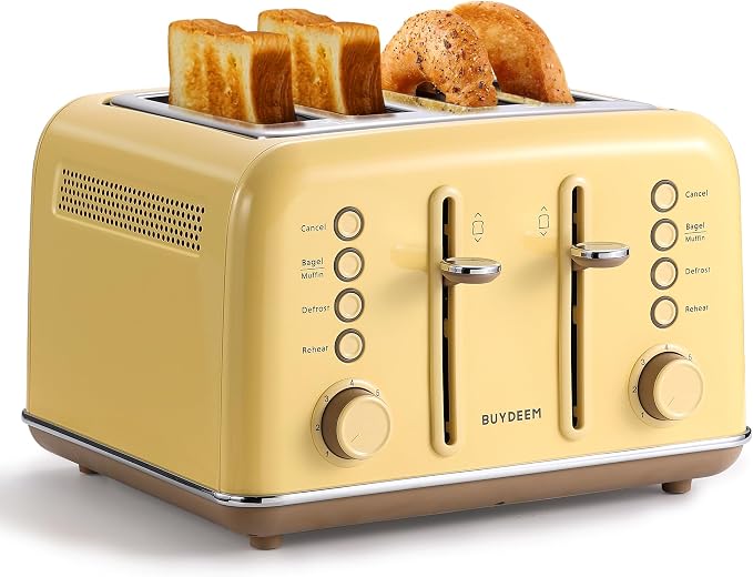 BUYDEEM DT640 4-Slice Toaster, 7 Shade Settings, Extra Wide 1.5’’ Slots for Bagel & English Muffin, 6 Toasting Functions, Retro Stainless Steel Toaster with High Lift Lever, 1800W, Yellow