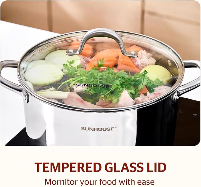 Sunhouse Stock Pot with Lid - 7 QT Large Pot for Cooking Pasta, Soup, Ollas | Impact-bonded Base Big Stainless Steel Pots for Canning, Boiling, Spaghetti - Oven Safe & Induction Compatible