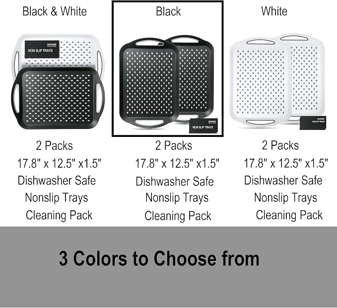 Large Anti-Slip Serving Tray with Handles, 17.8" x 12.5", Black | Dual Rubber Grippy Lap Food Trays for Eating, Dinning, Breakfast, on Couch/TV, Set of 2