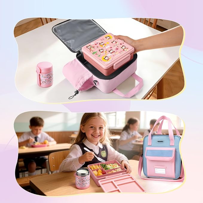 REDSHELL Kids Bento Lunch Box Set, Insulated Lunch Bag for Girls, Pink | Toddler 5-Compartment Lunchbox, Leakproof Food Jar, Snack Container, School Daycare, Bottle Holder, Adjustable Shoulder Strap