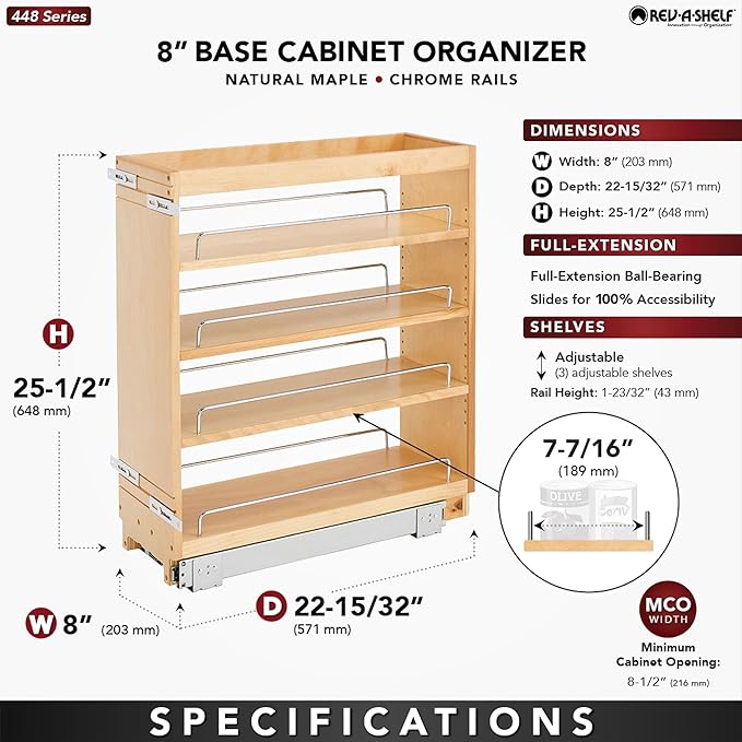 Rev-A-Shelf Pullout Kitchen Cabinet Organizer, Min Cabinet Opening 8.5" W | 8" W Slide Out Pantry Spice or Utensil Storage Rack with Adjustable Shelves for Base Cabinet Organization, 448-BC-8C
