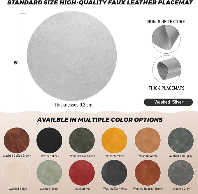 UnivoColors Placemats Round Faux Leather Placemats Set of 6-Waterproof-Wipe Clean-Heat Resistant-Anti Slip Dining Table Place Mats,Suitable for Indoor & Outdoor Use,15".Silver