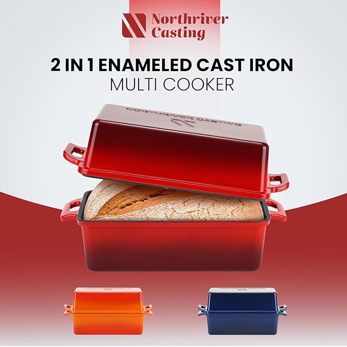 Northriver Casting 9x5 Inch Enameled Cast Iron Loaf Pan with Lid, Perfect Bread Baking Pan | Even Heat Distribution for Homemade Bread, Cake, Meatloaf，2 Piece set，Red