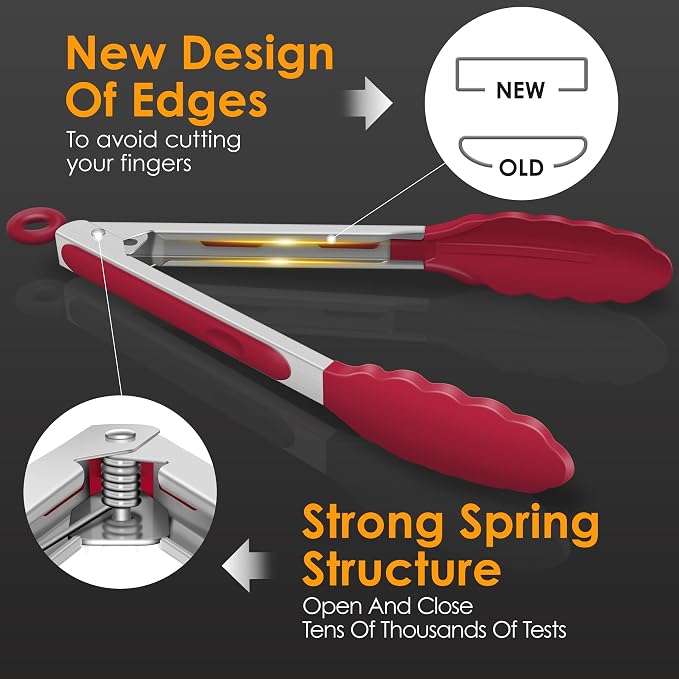 HOTEC Premium Stainless Steel Locking Kitchen Tongs with Silicon Tips, Set of 2-9" and 12"(Red)