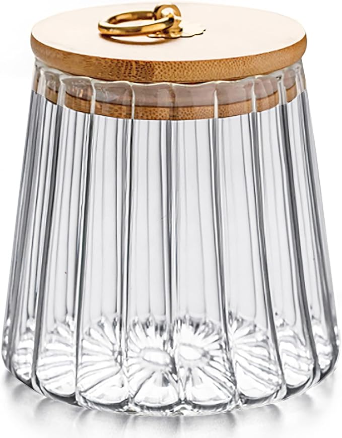 Glass Coffee Nuts Canister, Airtight Jar Bamboo Lid 54 FL OZ, Large Conical | Sealed Kitchen Storage Jar, 700ml Petal Ribs Design Decorative Candy Coffee Container, Gold Metal Handle, Easy to Grasp