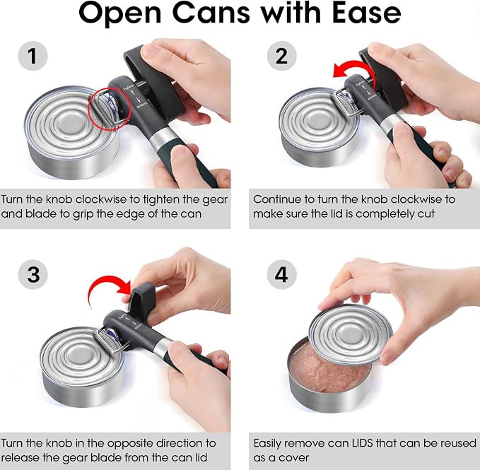 Beneno Can Opener, Manual Side Safe Cut Can Opener Smooth Edge, Green | Durable Sharp DC53 Steel Cutting Blade, Clean Cut with no Sharp Can Edges, Big Effort-Saving Knob, Comfortable Non-Slip Grip