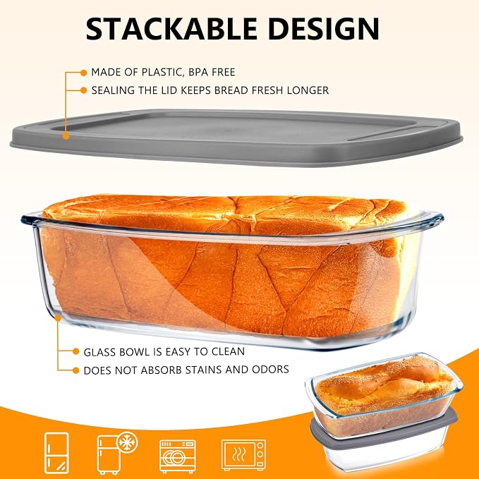 Jambear Glass Loaf Pans for Baking Bread with Lids 2 Set - 1.9 Qt Glass Loaf Pan | Oven, Dishwasher, Fridge, Freezer & Microwave Safe, Bread Pan Suit for Lasagna, Meatloaf, Banana