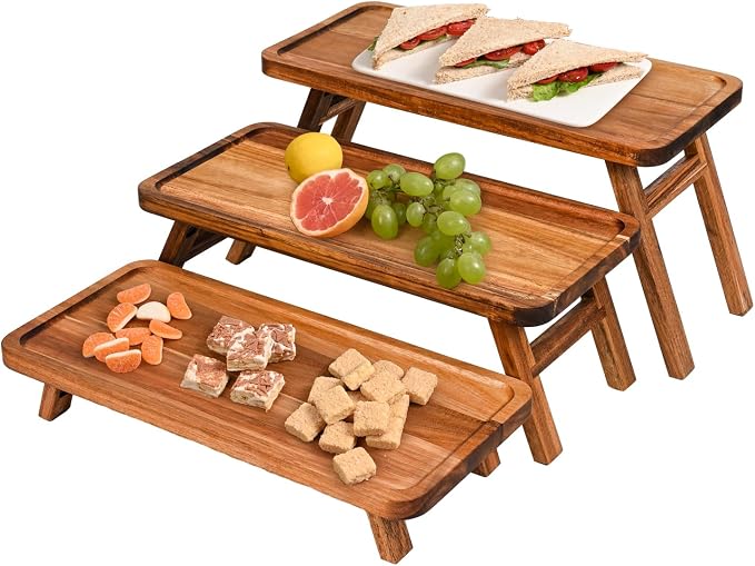 GEHE 3 Tier Serving Tray Acacia Wooden Tiered Tray Stand Foldable Dessert Table Display Set Decor Charcuterie Boards for Party, Birthday, Wedding, Christmas